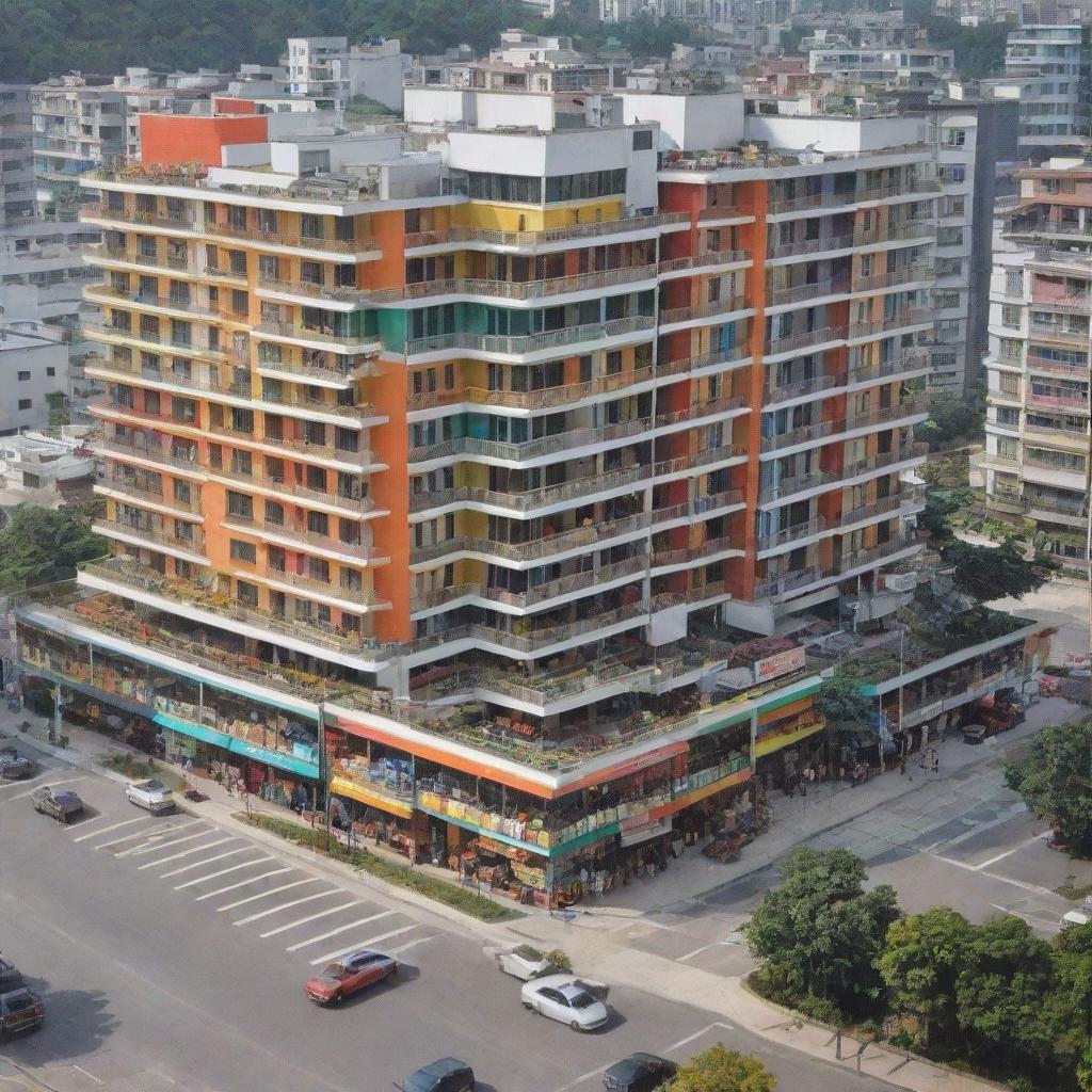 A busy, colourful scene depicting a modern condominium with a well-stocked supermarket located conveniently nearby.