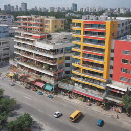 A busy, colourful scene depicting a modern condominium with a well-stocked supermarket located conveniently nearby.