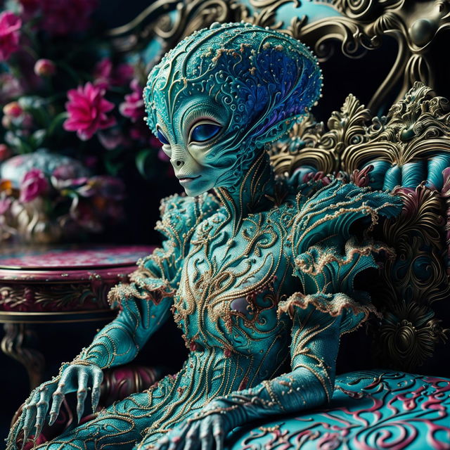 A hyper-realistic 3D Rococo-inspired alien in a vibrant snowscape, adorned with intricate floral patterns and surrounded by ornate furniture pieces half-buried in the snow. The high-definition image captures every detail, from the individual snowflakes to the alien's iridescent skin.