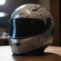 A highly detailed motorcycle helmet gleaming under a bright overhead light with intricate design elements.