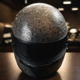 A highly detailed motorcycle helmet gleaming under a bright overhead light with intricate design elements.