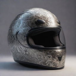 A highly detailed motorcycle helmet gleaming under a bright overhead light with intricate design elements.