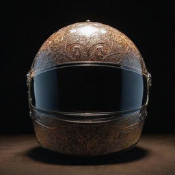 A highly detailed motorcycle helmet gleaming under a bright overhead light with intricate design elements.