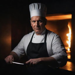 A menacing-looking chef in a dark kitchen, brandishing a gleaming knife, his face lit by the eerie glow of an oven.