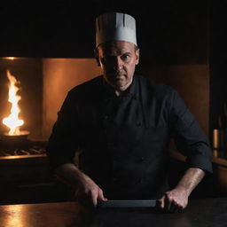 A menacing-looking chef in a dark kitchen, brandishing a gleaming knife, his face lit by the eerie glow of an oven.