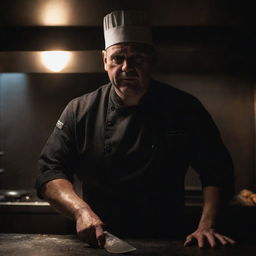 A menacing-looking chef in a dark kitchen, brandishing a gleaming knife, his face lit by the eerie glow of an oven.