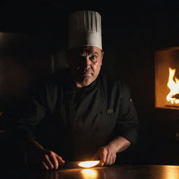 A menacing-looking chef in a dark kitchen, brandishing a gleaming knife, his face lit by the eerie glow of an oven.