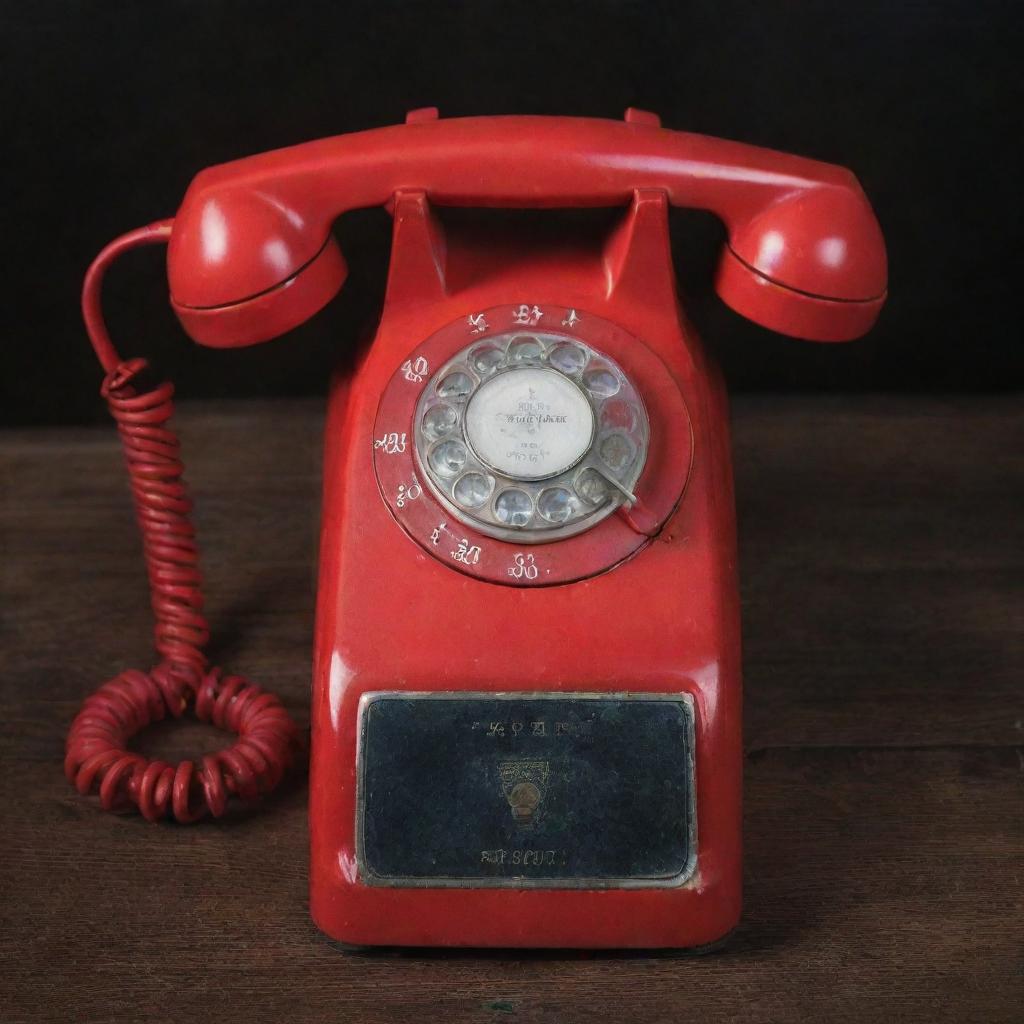 A vintage red telephone with a rotary dial, sitting on a dark wooden table.