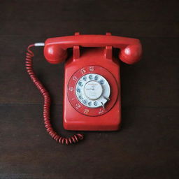 A vintage red telephone with a rotary dial, sitting on a dark wooden table.