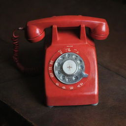 A vintage red telephone with a rotary dial, sitting on a dark wooden table.