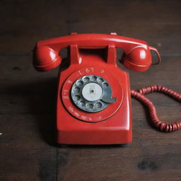 A vintage red telephone with a rotary dial, sitting on a dark wooden table.