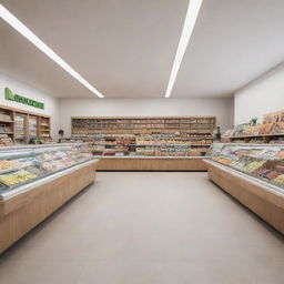 A minimalist scene featuring a simple yet inviting supermarket and a cozy, friendly cafe.