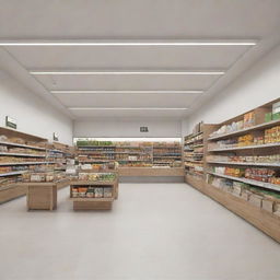 A minimalist scene featuring a simple yet inviting supermarket and a cozy, friendly cafe.