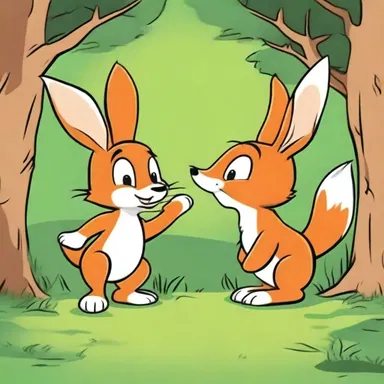 In the cartoon, the eager little rabbit tries to remain hidden from the clever fox.