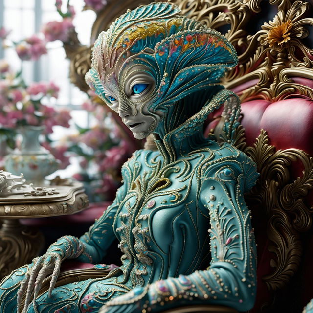 A hyper-realistic 3D Rococo-inspired alien in a vibrant snowscape, adorned with intricate floral patterns and surrounded by ornate furniture pieces half-buried in the snow. The high-definition image captures every detail, from the individual snowflakes to the alien's iridescent skin.