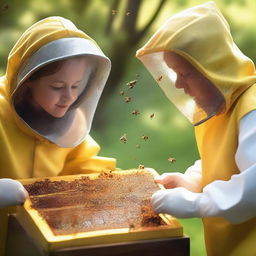 A high-quality digital photograph of a beautiful girl carefully extracting honey from a beehive