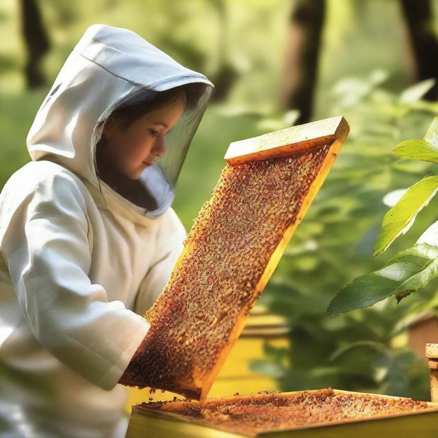 A high-quality digital photograph of a beautiful girl carefully extracting honey from a beehive