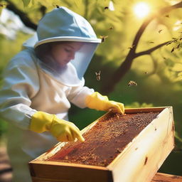 A high-quality digital photograph of a beautiful girl carefully extracting honey from a beehive