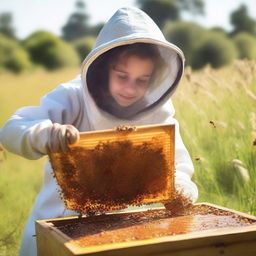 A high-quality digital photograph of a beautiful girl carefully extracting honey from a beehive