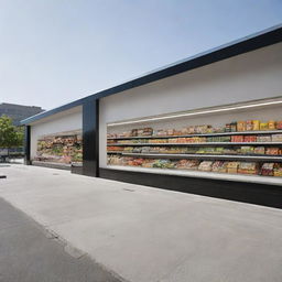 An outdoor scene featuring a sleek, minimalist supermarket in a lively urban setting.