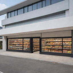 An outdoor scene featuring a sleek, minimalist supermarket in a lively urban setting.