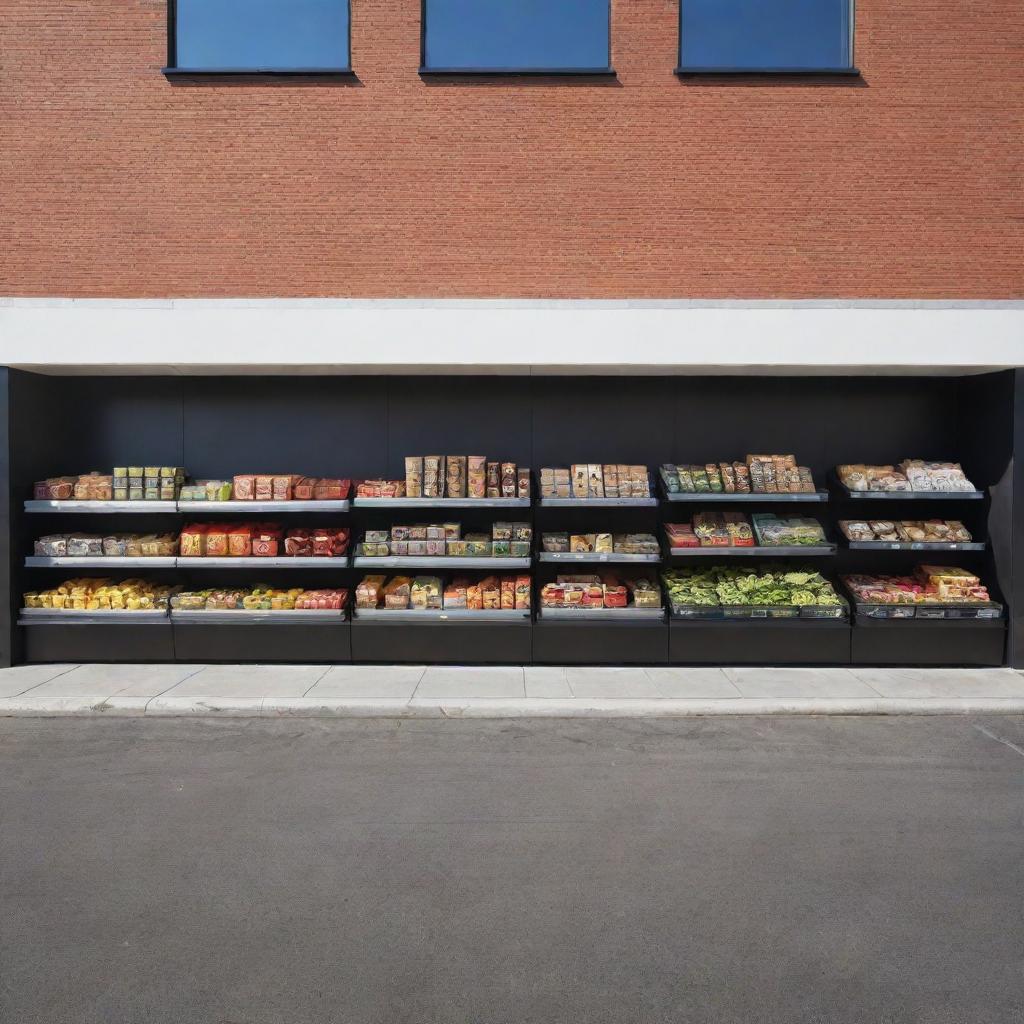 An outdoor scene featuring a sleek, minimalist supermarket in a lively urban setting.