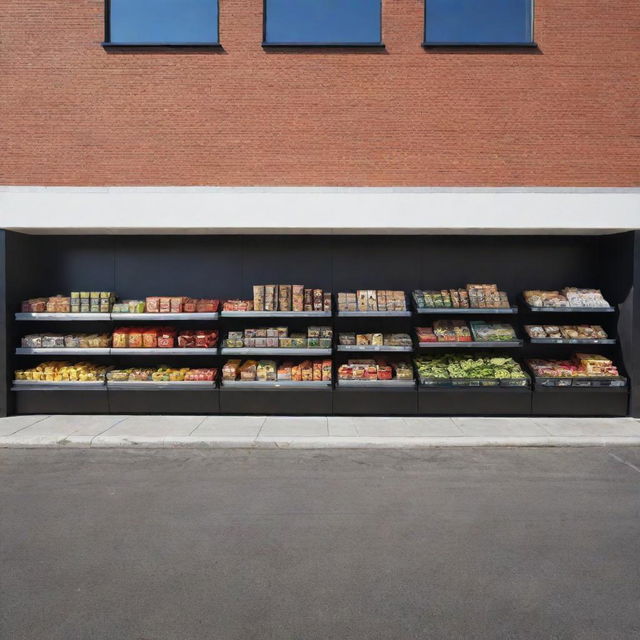 An outdoor scene featuring a sleek, minimalist supermarket in a lively urban setting.