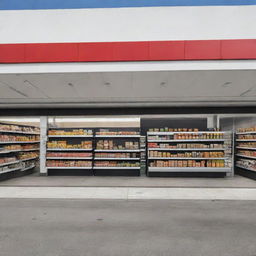 An outdoor scene featuring a sleek, minimalist supermarket in a lively urban setting.