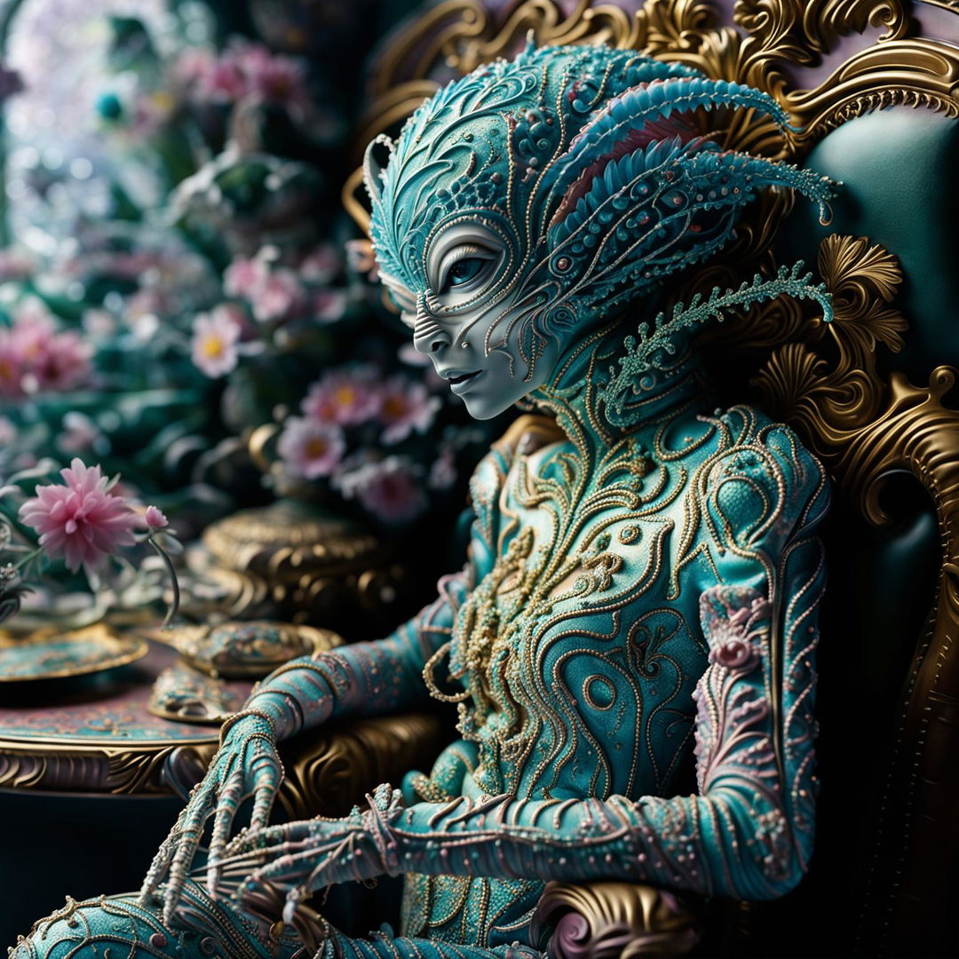 A hyper-realistic 3D Rococo-inspired alien in a vibrant snowscape, adorned with intricate floral patterns and surrounded by ornate furniture pieces half-buried in the snow. The high-definition image captures every detail, from the individual snowflakes to the alien's iridescent skin, viewed from a zoomed-out perspective.