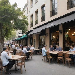 An inviting outdoor setting with bustling cafes dotted with customers enjoying their coffees in the open air.