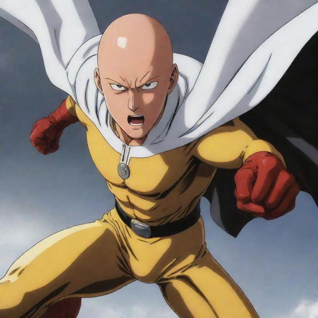 An intense scene showing Saitama from One Punch Man, he's almost being hit by a fast approaching metallic bat, illustrating dramatic tension. Use dynamic angles and sharp lines to emphasize the near miss