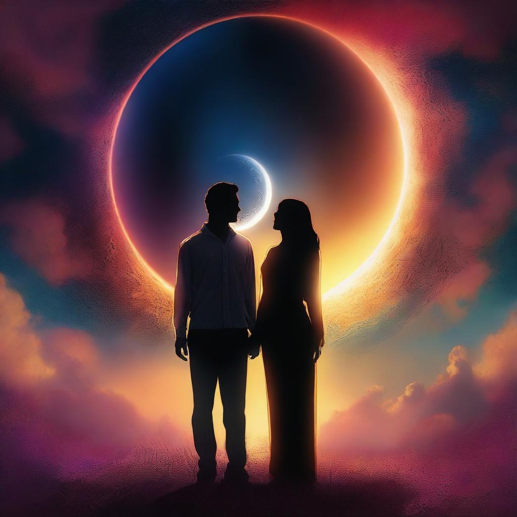 This is a captivating digital art piece featuring a man and a woman standing together under a sky dominated by a mesmerizing eclipse