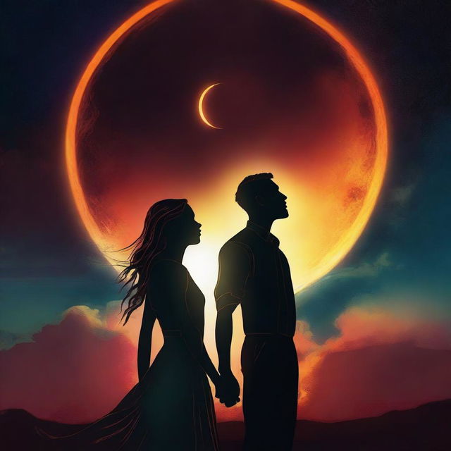 This is a captivating digital art piece featuring a man and a woman standing together under a sky dominated by a mesmerizing eclipse