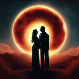 This is a captivating digital art piece featuring a man and a woman standing together under a sky dominated by a mesmerizing eclipse