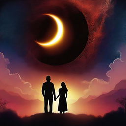 This is a captivating digital art piece featuring a man and a woman standing together under a sky dominated by a mesmerizing eclipse