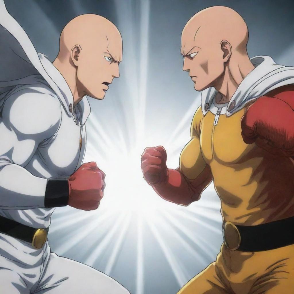 Redraw the Garou vs Metal Bat scene from One Punch Man, replacing Garou with Saitama. Capture the same intense fight tension while preserving the likeness and peculiarities of Saitama's character design.