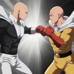 Redraw the Garou vs Metal Bat scene from One Punch Man, replacing Garou with Saitama. Capture the same intense fight tension while preserving the likeness and peculiarities of Saitama's character design.