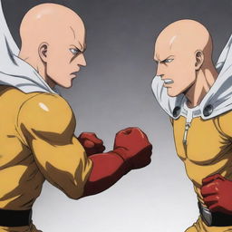 Redraw the Garou vs Metal Bat scene from One Punch Man, replacing Garou with Saitama. Capture the same intense fight tension while preserving the likeness and peculiarities of Saitama's character design.