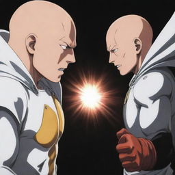 Redraw the Garou vs Metal Bat scene from One Punch Man, replacing Garou with Saitama. Capture the same intense fight tension while preserving the likeness and peculiarities of Saitama's character design.