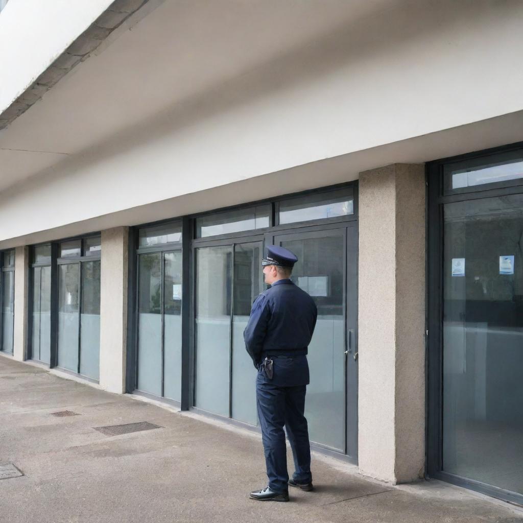 A modern, secure premise featuring an array of CCTV cameras and highly-trained security personnel vigilantly patrolling the building.