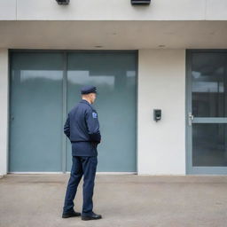 A modern, secure premise featuring an array of CCTV cameras and highly-trained security personnel vigilantly patrolling the building.