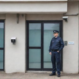 A modern, secure premise featuring an array of CCTV cameras and highly-trained security personnel vigilantly patrolling the building.