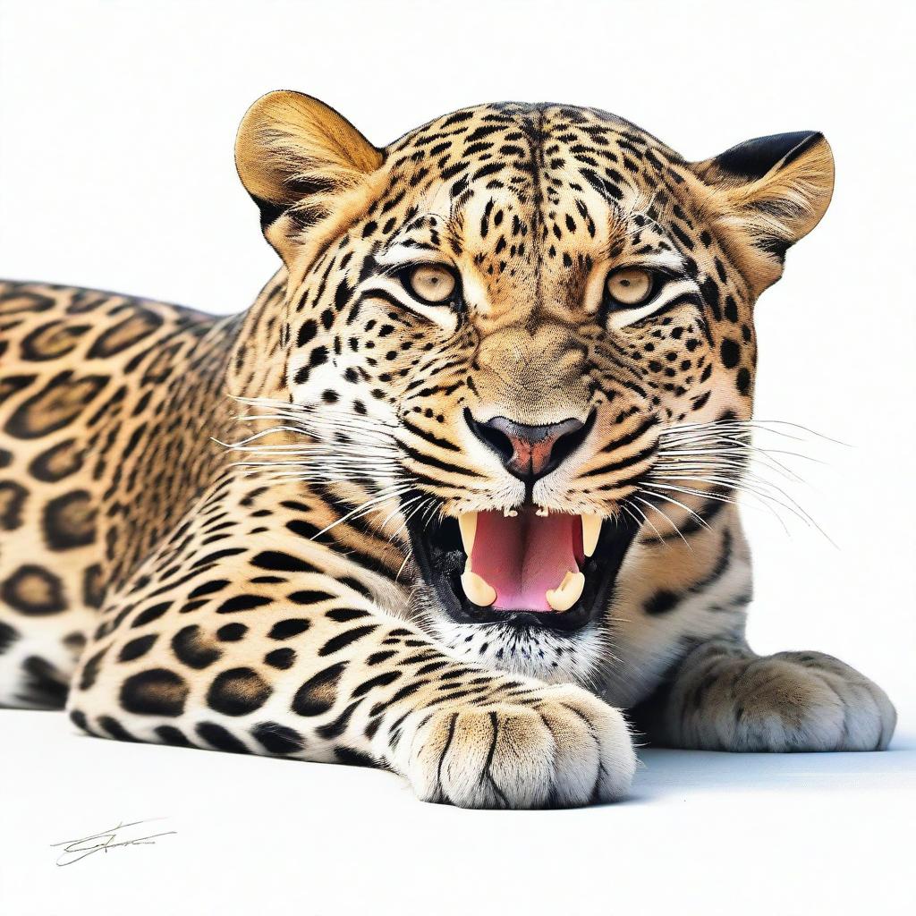 A high-quality, realistic digital art illustration of a full-bodied leopard, lying down and roaring, set against a stark white background