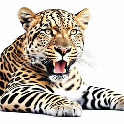 A high-quality, realistic digital art illustration of a full-bodied leopard, lying down and roaring, set against a stark white background