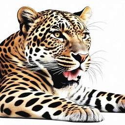 A high-quality, realistic digital art illustration of a full-bodied leopard, lying down and roaring, set against a stark white background