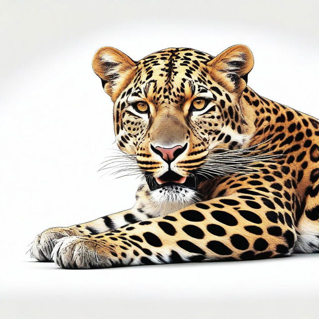 A high-quality, realistic digital art illustration of a full-bodied leopard, lying down and roaring, set against a stark white background