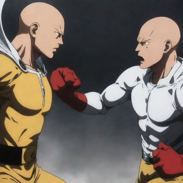 Generate an image of a fiercely intense battle scene between Saitama and Garou from One Punch Man. Emphasize the raw energy and dramatic contrast between the two characters.