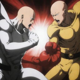 Generate an image of a fiercely intense battle scene between Saitama and Garou from One Punch Man. Emphasize the raw energy and dramatic contrast between the two characters.