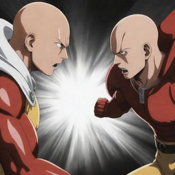 Generate an image of a fiercely intense battle scene between Saitama and Garou from One Punch Man. Emphasize the raw energy and dramatic contrast between the two characters.