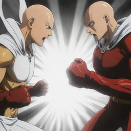 Generate an image of a fiercely intense battle scene between Saitama and Garou from One Punch Man. Emphasize the raw energy and dramatic contrast between the two characters.